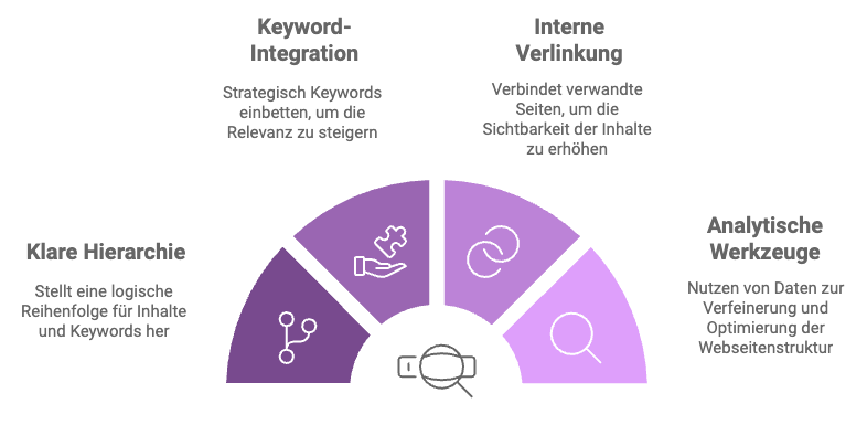 Visualisierung der Optimierungsschritte einer Websitestruktur: Keyword-Integration, interne Verlinkung, klare Hierarchie und analytische Werkzeuge.